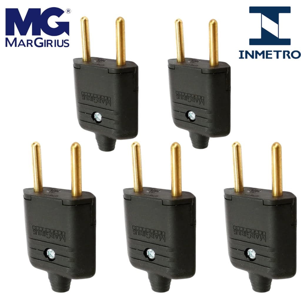 Kit Plugues Macho Margirius 10A 2 Pinos Bivolt Certificado INMETRO Para Extensão Cabo Elétrico