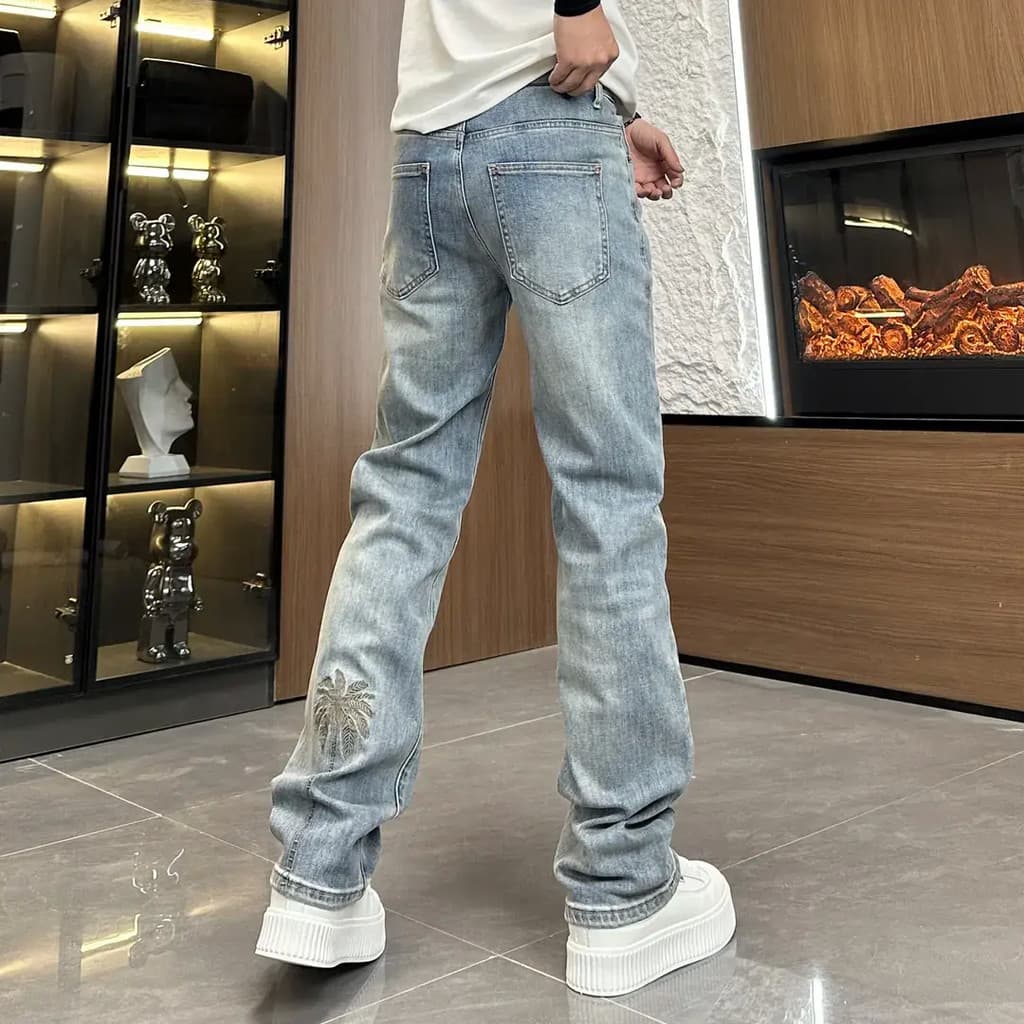 2026 primavera outono novo estilo americano coqueiro bordado calças retas moda masculina All-Match azul claro calças cas