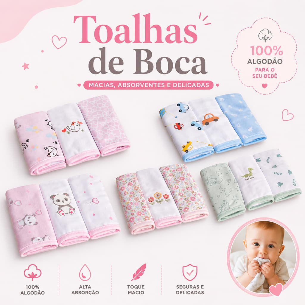 Toalha de Boca Bebê Kit 3 Unidades Em Malha Algodão Fio 30