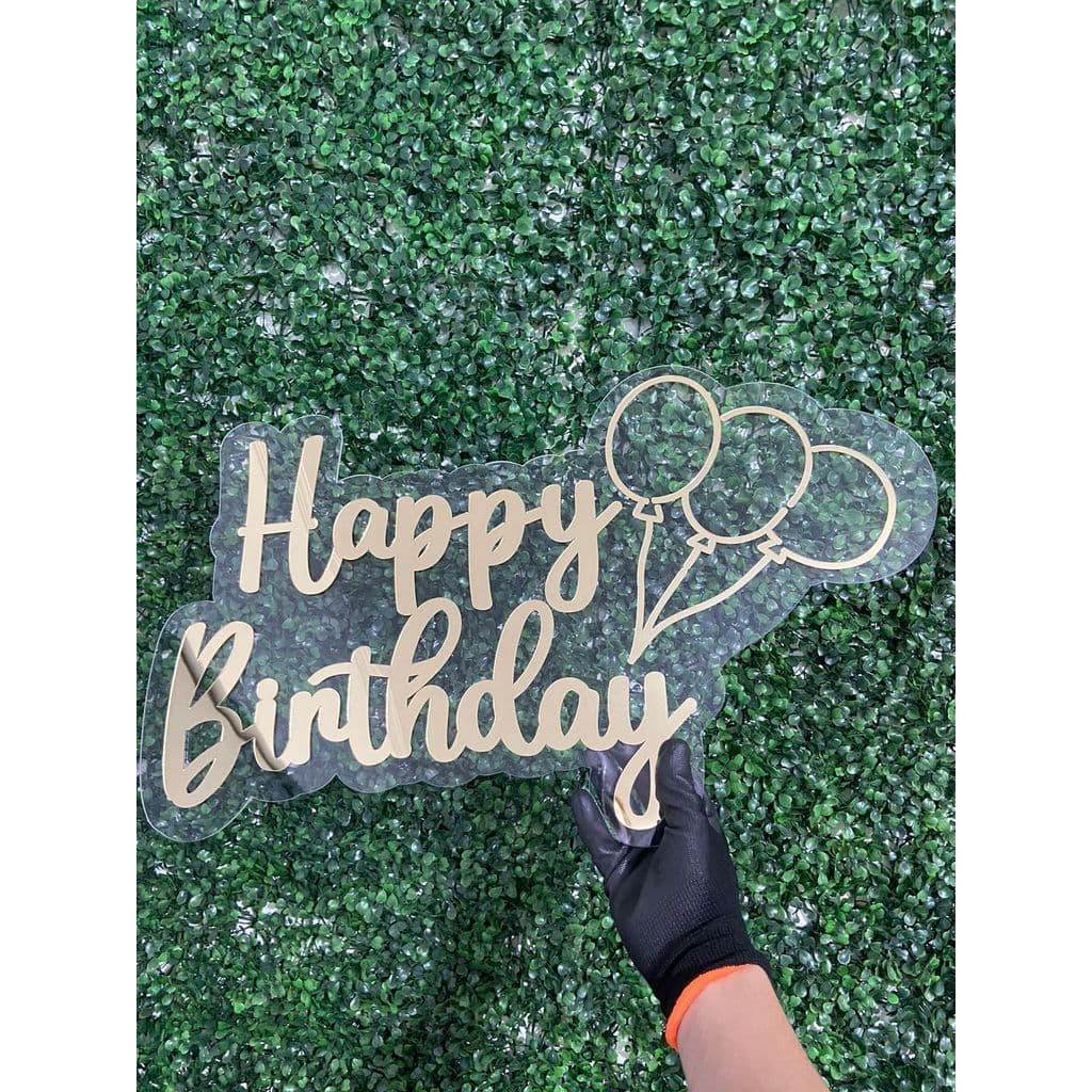 Placa Decorativa Acrílico Cristal | Happy Birthday Dourado | Balões / Decoração Festa Luxo Presente Especial