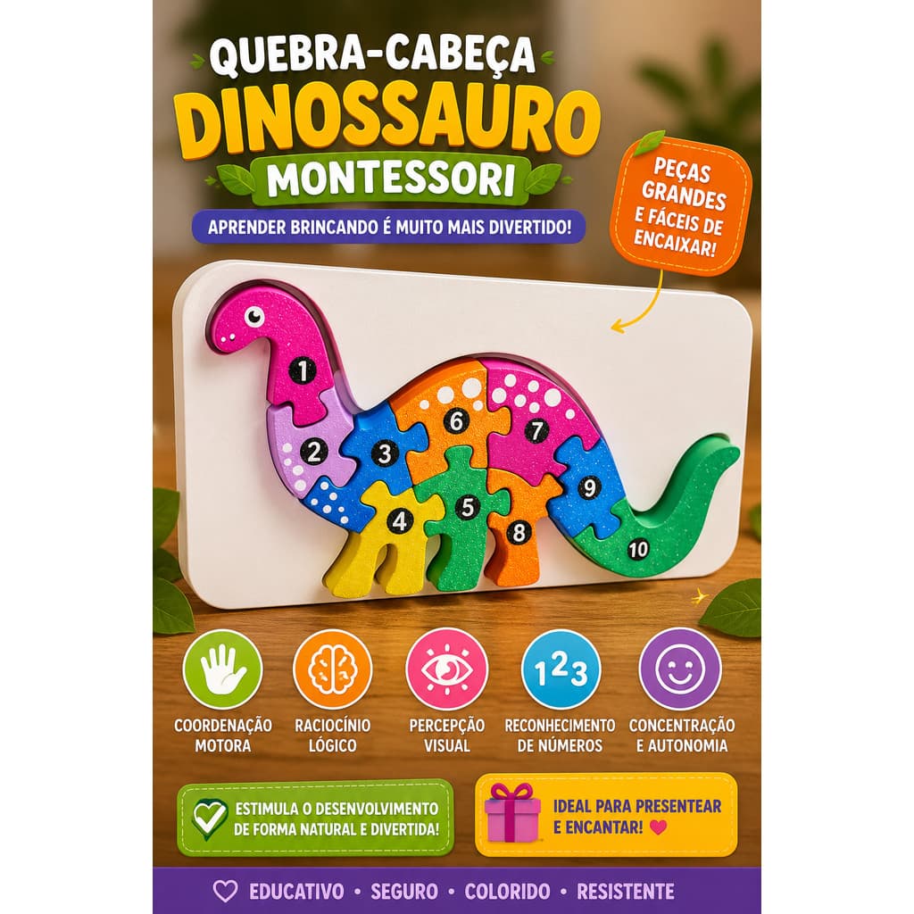 Quebra-Cabeça Dinossauro Montessori Educativo Infantil Pedagógico Brinquedo Pedagógico Montessori