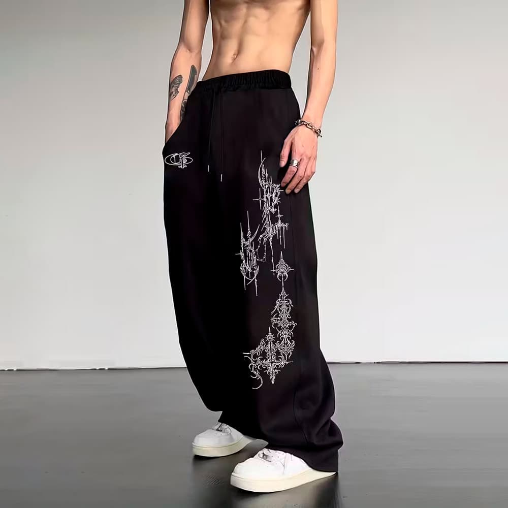 Calça Moletom Masculina Pantalona Wide Leg Punk Symbol Ghotic Street Graphic
