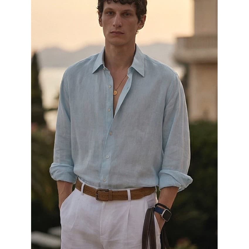 Produtos europeus algodão linho enrugado camisa masculina americano Retro fino-ajuste de manga comprida Cardigan linho r