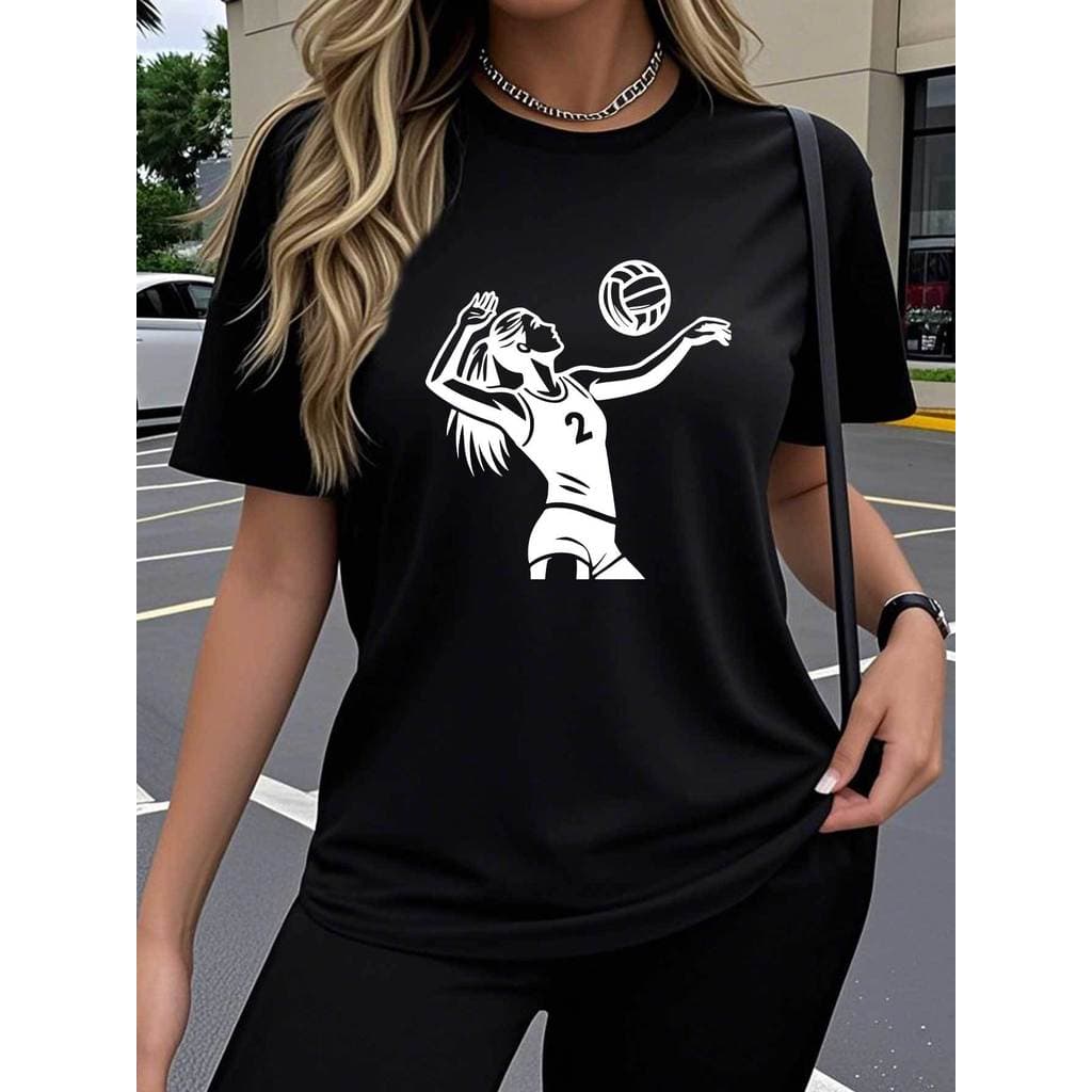 Camiseta Feminina 100% ALGODÃO de Manga curta   Vôlei com Estampa Divertida de Letras, Top de Gola Redonda
