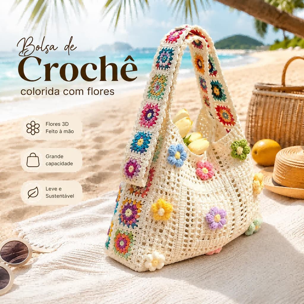 Bolsa Tote Crochê Flores - Trabalho Passeio Dia a Dia - Feminina - Boho Blogueira - Cabe iPad Make e Sombrinha