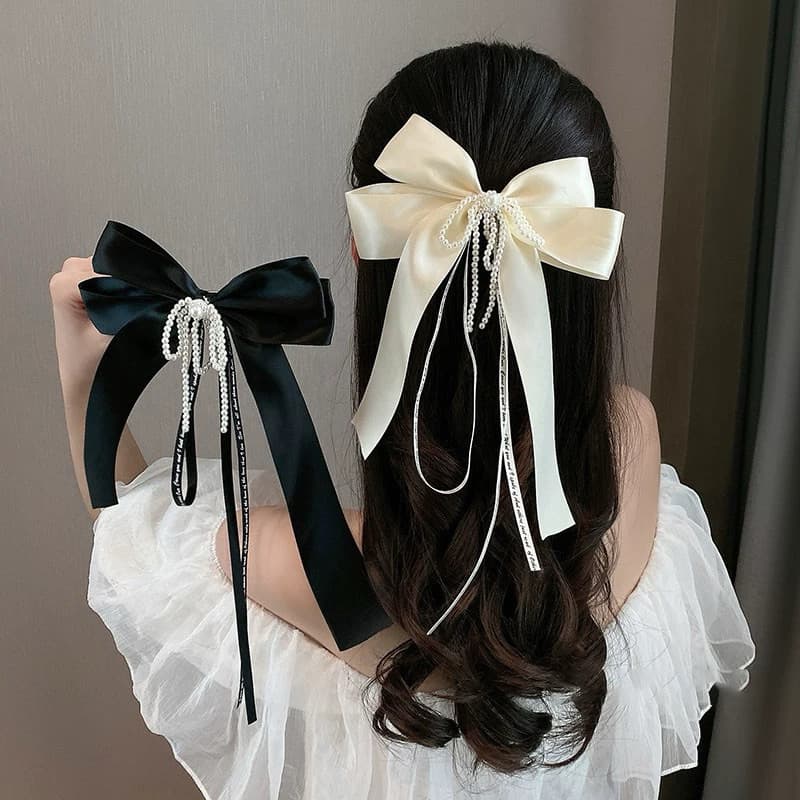 Presilha de cabelo elegante com laço de tecido pérola , acessório de grampo de cabelo