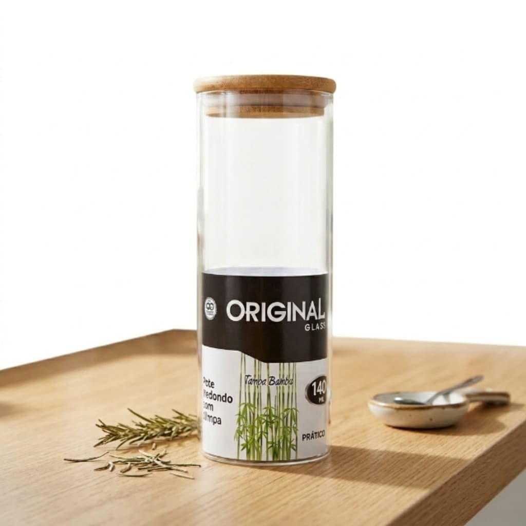 Pote Organizador Alimentos Hermético Tampa Bambu Grande 1,4 Litros Redondo