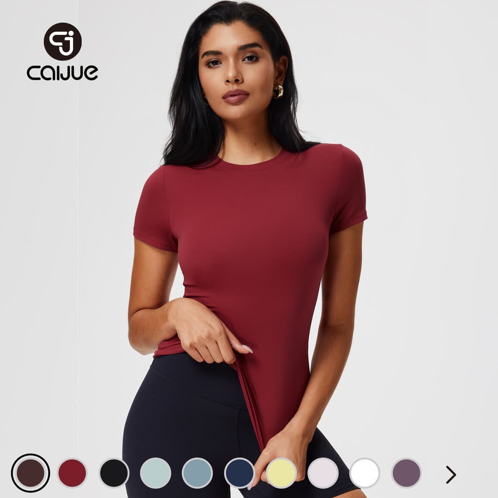 Camiseta de Verão Feminina Caijue de Manga Curta, alta elasticidade, ajuste slim, top esportivo, top para yoga.