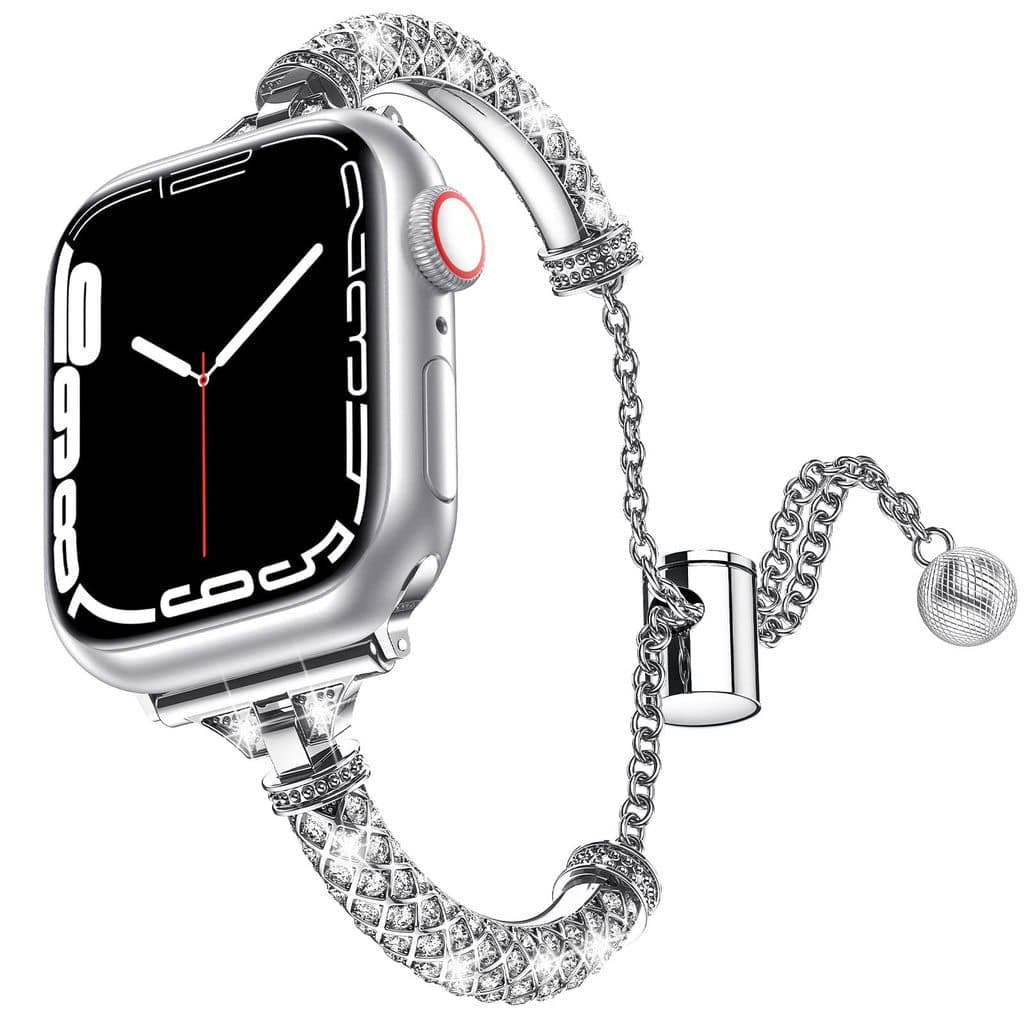 Pulseira de relógio feminina luxuosa com strass brilhante pérola Apple, pulseira de substituição de decoração de Metal e