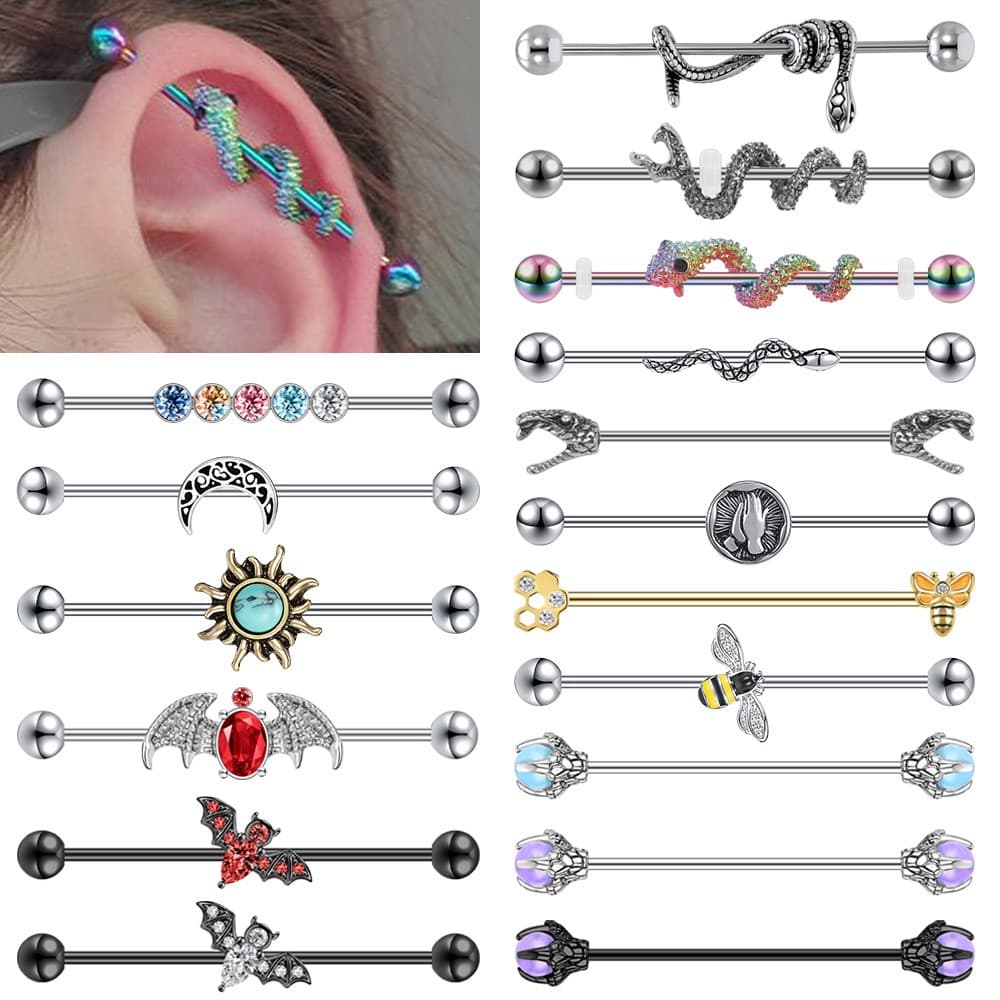 1 peça de joia industrial de aço inoxidável para piercing, 1,2/1,6mm, formato de cobra/espiral/brinco/pendente de orelha