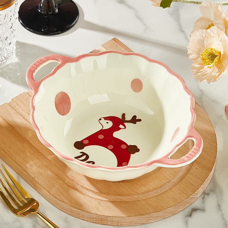 Tigela de cerâmica com orelha dupla, tigela grande para uso doméstico, salada, frutas, fofa, bonita, cor Underglaze, tig