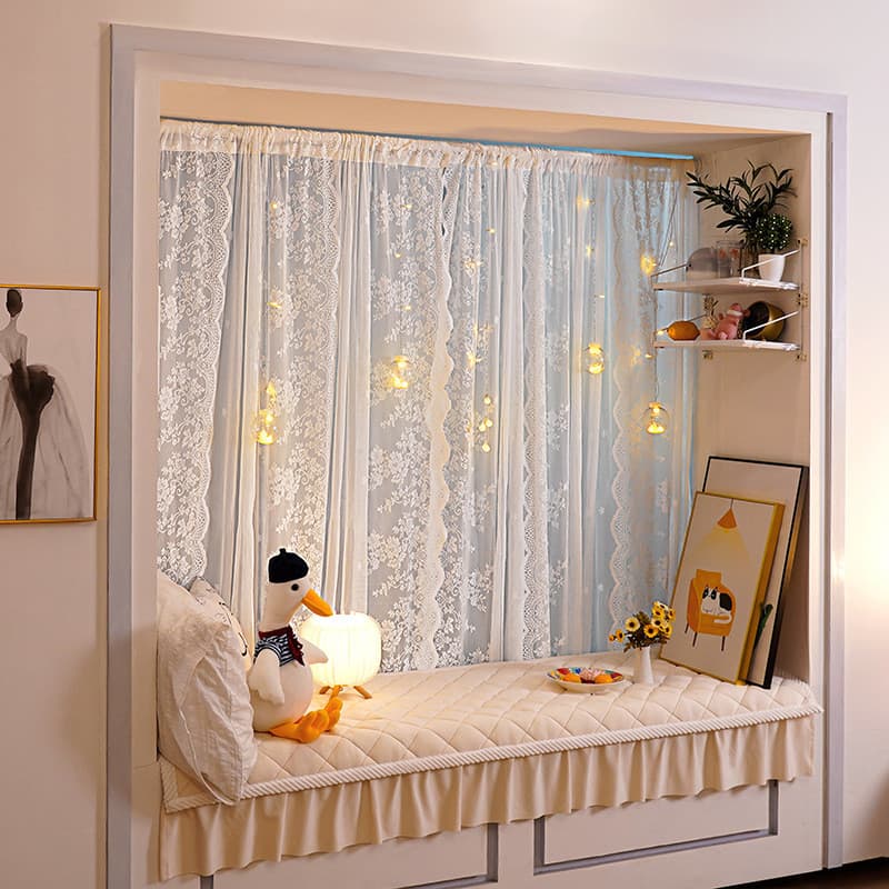 Cortina de tule de renda branca Cortina de sala de estar Jacquard Bay Window ins Cortina de gaze de vento Influenciador