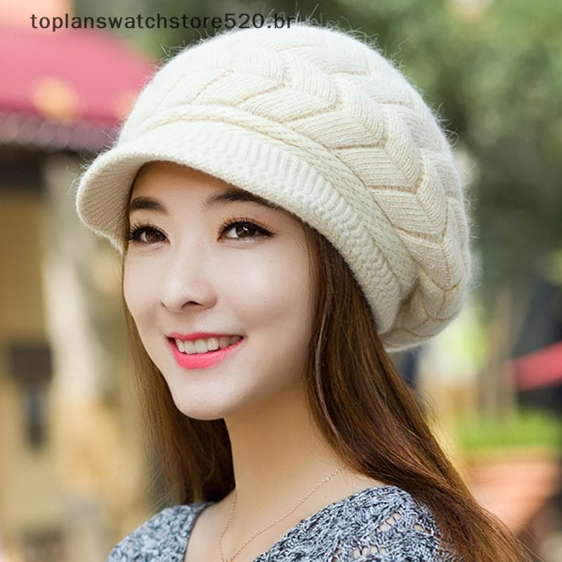 TOPLA Gorro Feminino De Malha Quente De Inverno Para Cabelo De Coelho Boné De Veludo De Camada Dupla