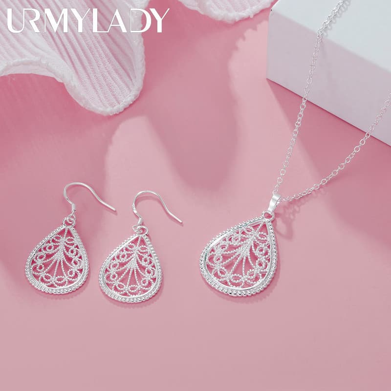 Fino 925 Prata Esterlina Elegante Padrão De Gota De Água Pingente Colar Brinco Para Conjuntos De Jóias Femininas