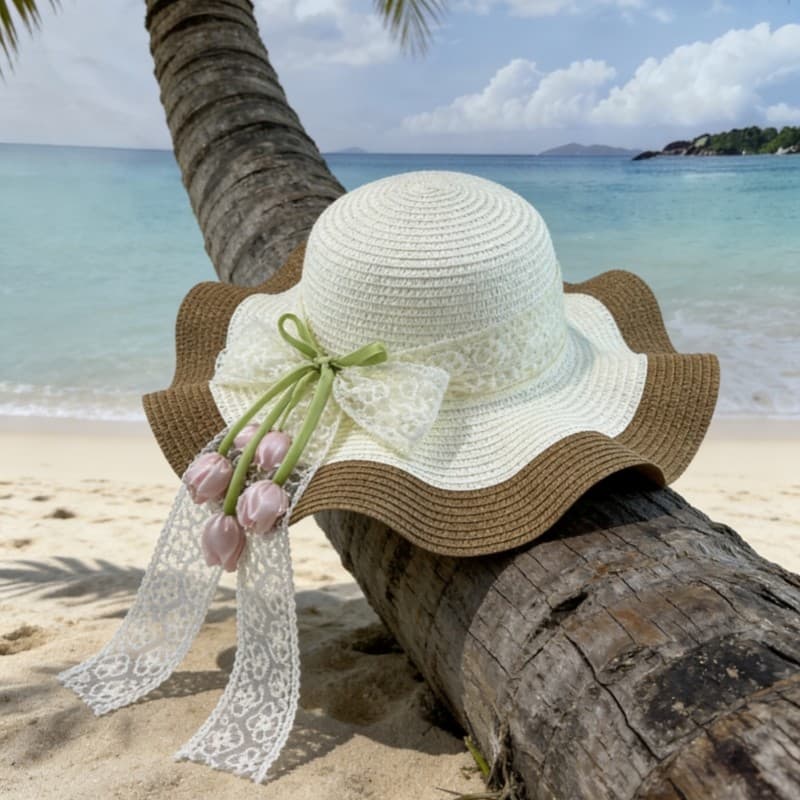 Chapéu de palha com laço francês feminino verão beira-mar praia férias aba grande chapéu de sol guarda-sol chapéu protet