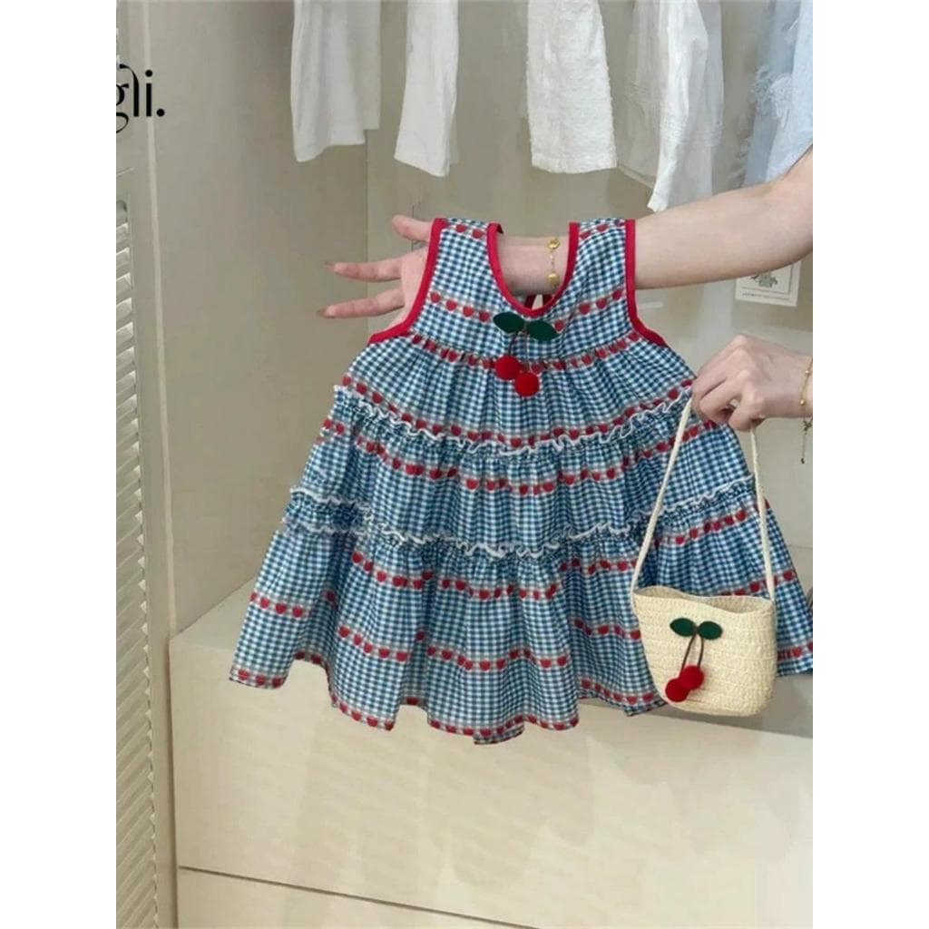 2025 verão novo estilo meninas doce azul xadrez sem mangas vestido bebê menina doce cereja colete saia
