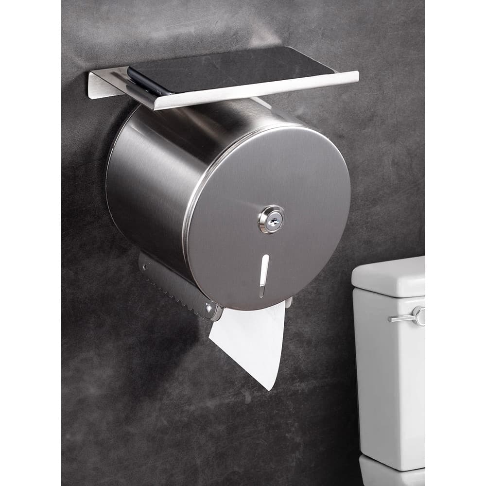Caixa de papel higiênico escovado de aço inoxidável, sem perfuração, com prateleira, engenharia pública, rolo pequeno, c