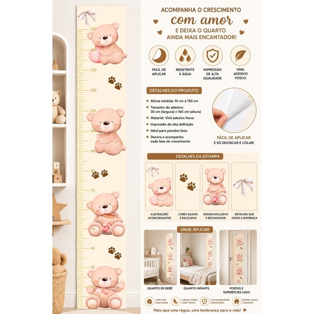Adesivo de Parede Regua de Crescimento Urso Ursinho Ted Bear Quarto Menino Menina Facil Remocao