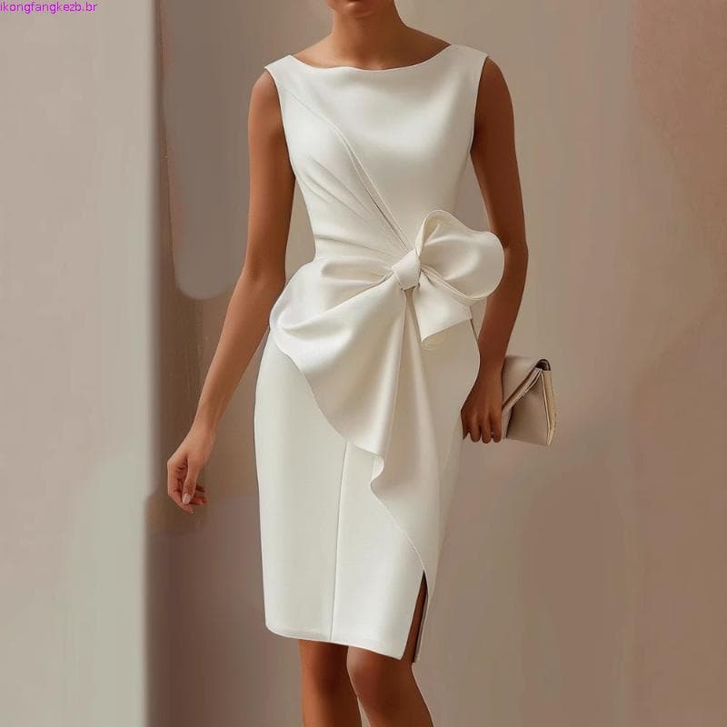 Vestido Fino Branco Sem Mangas Com Laço Feminino , Elegante Estilo Para Festa Lápis Midi Coquetel
