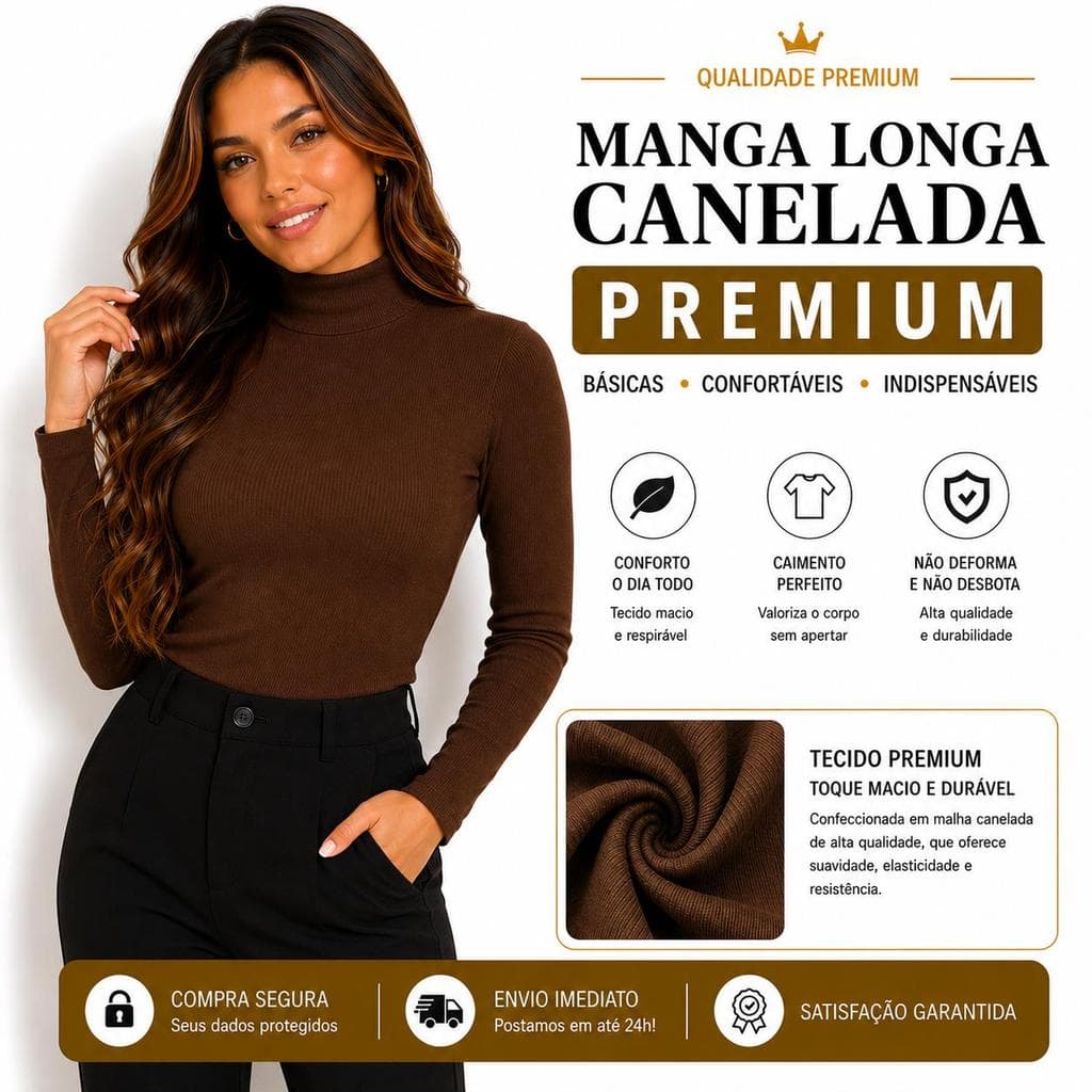 Blusa Femininas Inverno Manga Longa Gola Alta Tecido Canelado