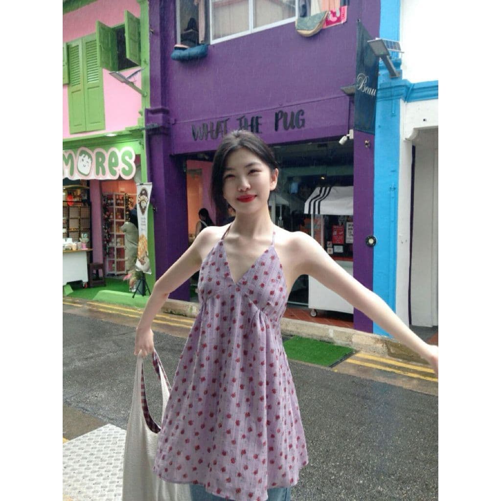 Roxo com decote em V meados de comprimento Floral camisola feminina verão exterior Wear estilo férias à beira-mar solto