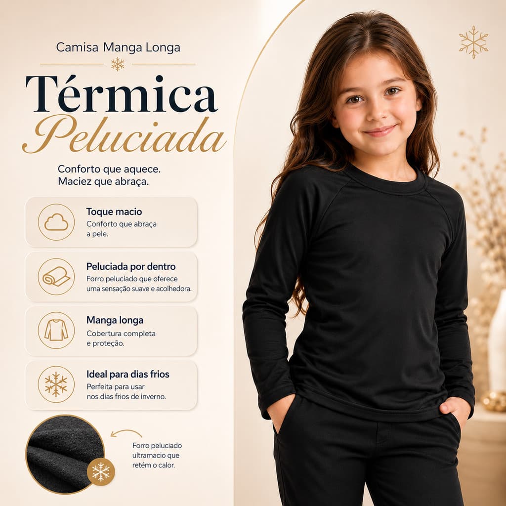 Camisa Térmica Menina Infantil Peluciada por Dentro – Toque Macio Quentinha