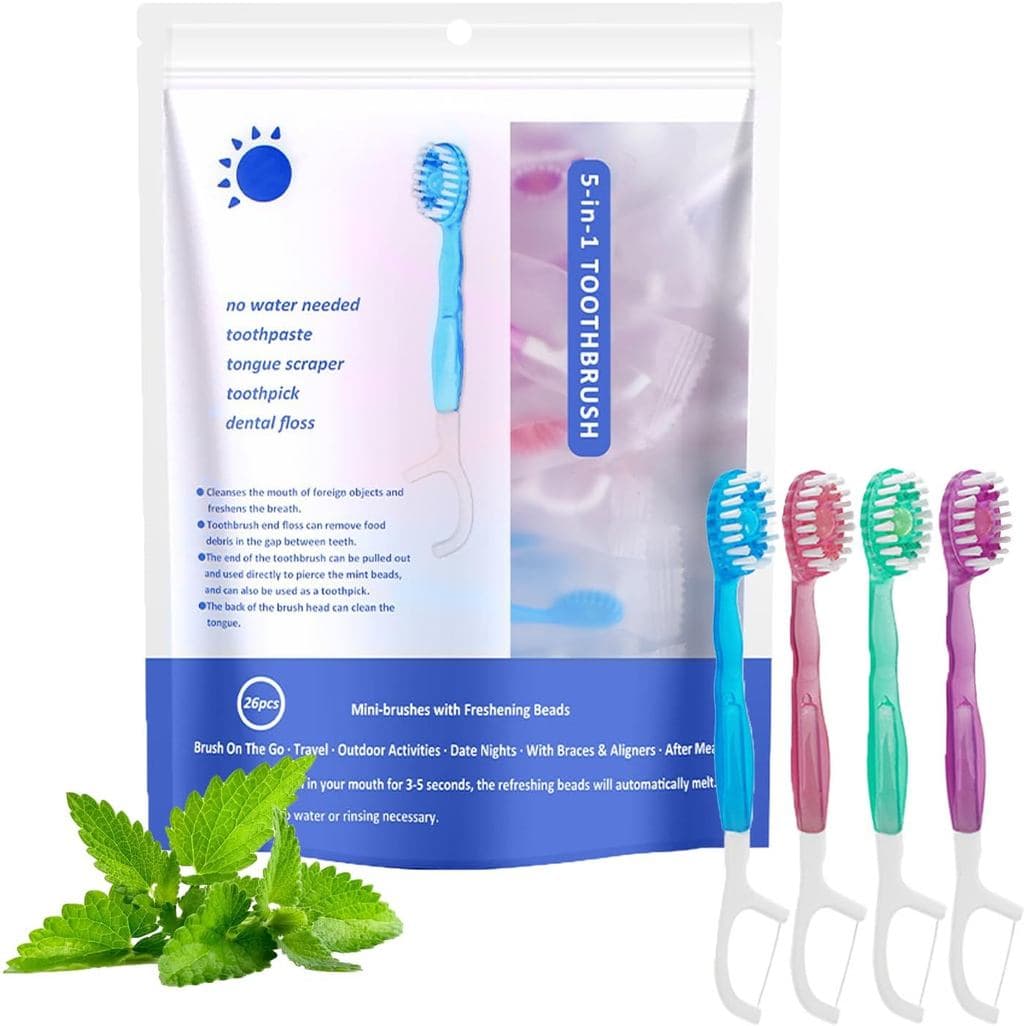 Conjunto 5 em 1 de Mini Escova de Dentes, Fio Dental, Raspador de Língua e Palito, Escova de Dentes e Fio Dental 5 em 1,
