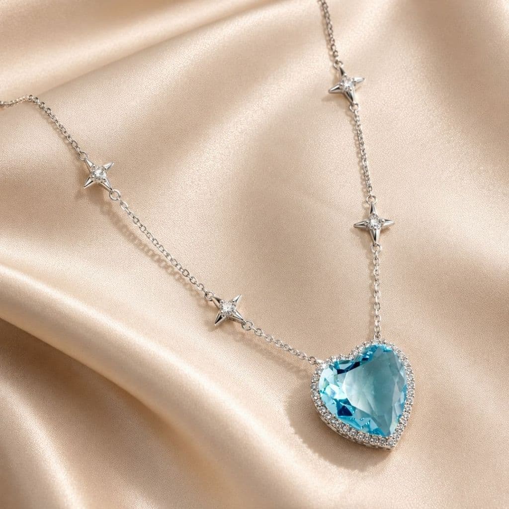 COLAR ROMÂNTICO CORAÇÃO CRYSTAL AZUL VALENTINE - Folheado a Prata
