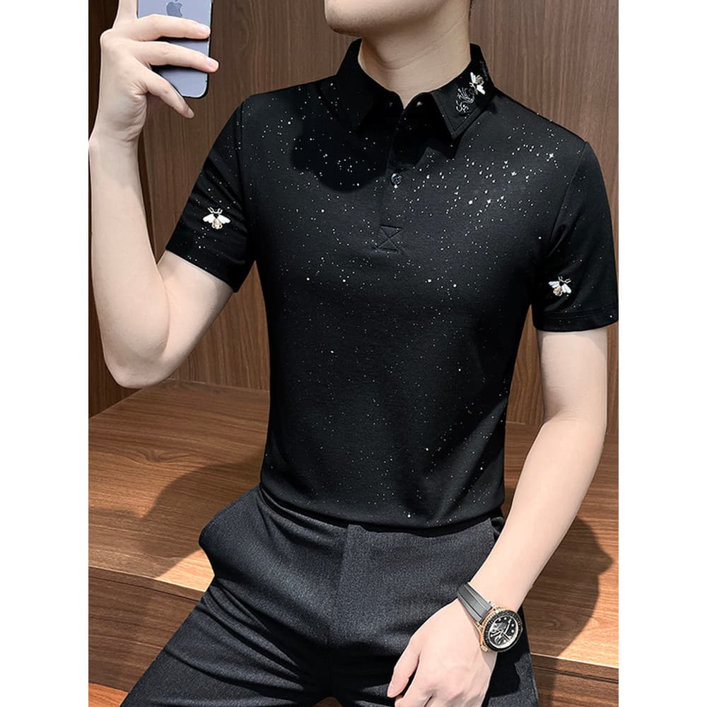 Verão Gypsophila bordado camisa POLO de manga curta masculina juventude Street Wear novo estilo fino-ajuste moda Casual
