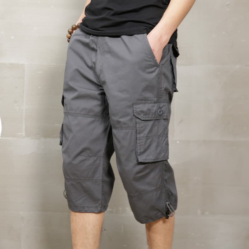 Calças cortadas masculinas soltas Plus Size Multi-bolso macacão Shorts verão fino puro algodão calças esportivas