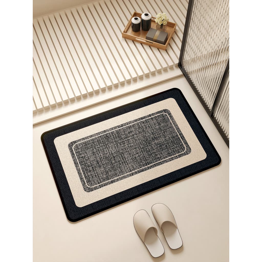 Tapete de banheiro estilo creme estilo japonês, preto, branco, moldura geométrica, porta de banheiro, absorção de água,