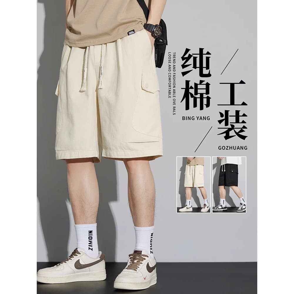 Macacão de algodão puro Shorts masculino verão estilo fino 2024 novo estilo solto All-Match Multi-bolso estilo americano