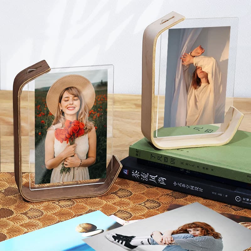 Moldura para fotos em forma de L, criativa, madeira sólida, dupla face, acrílico transparente, moldura vazia, cartão pos