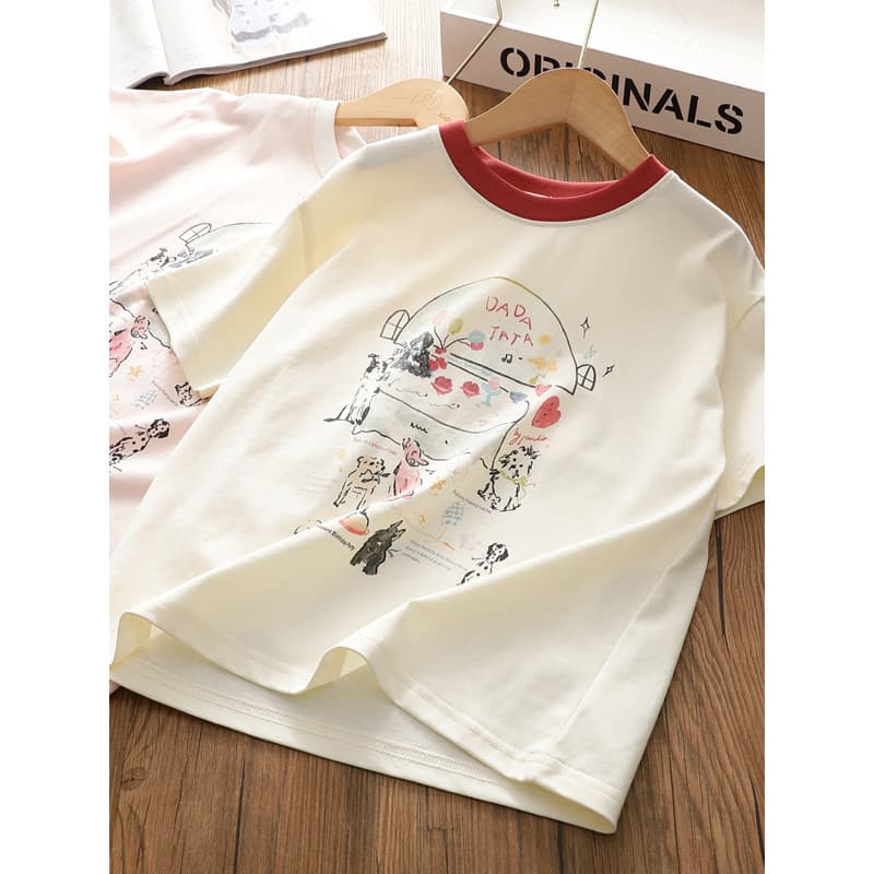 Meninas verão contraste cor gola manga curta camiseta médio grande crianças dos desenhos animados fio duplo algodão Casu