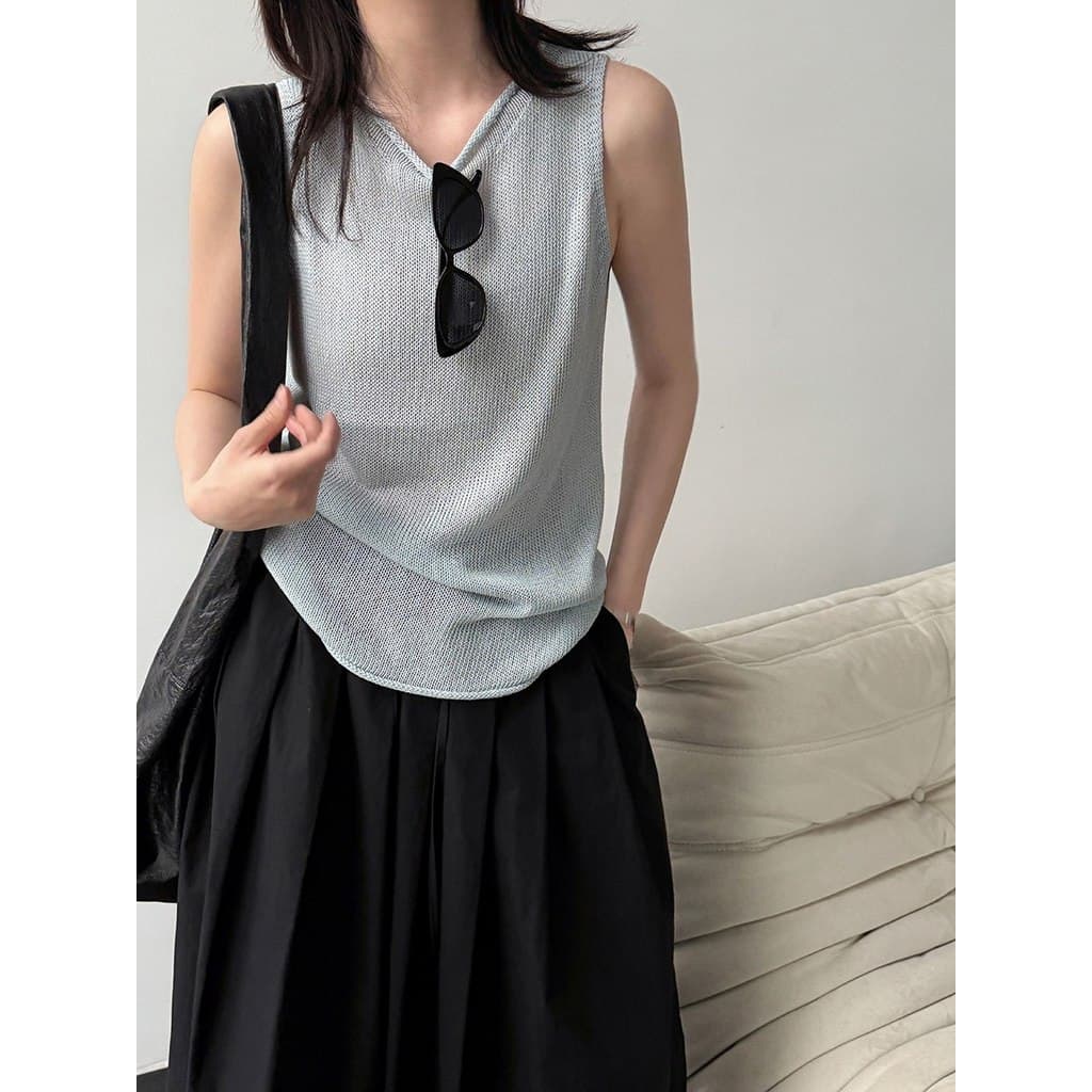 Azul claro Tencel linho estilo fino Curling sem mangas colete de malha feminino em camadas fora do ombro 2026 Super quen