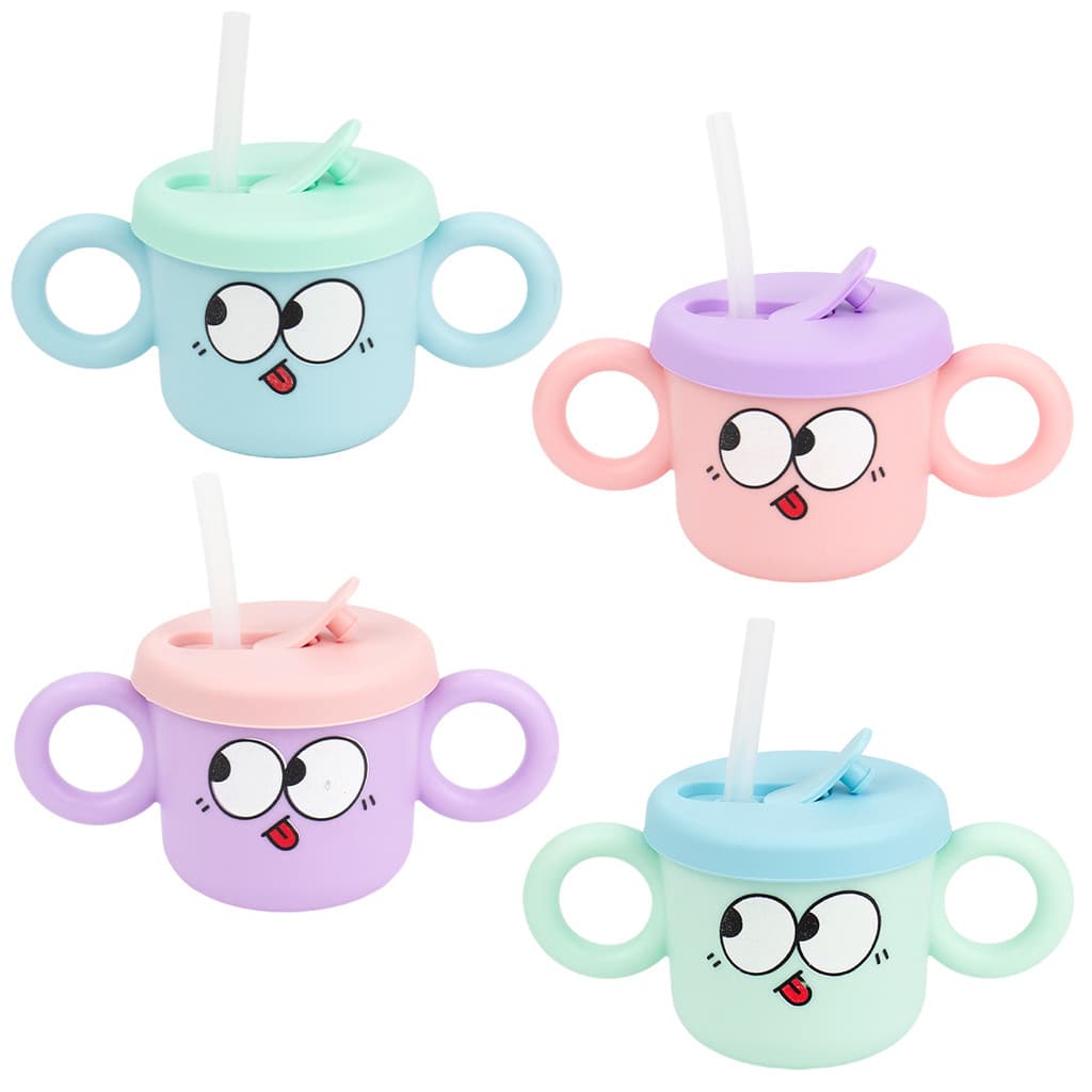 Caneca Infantil 280ml Colorida Tampa E Canudo Emborrachado