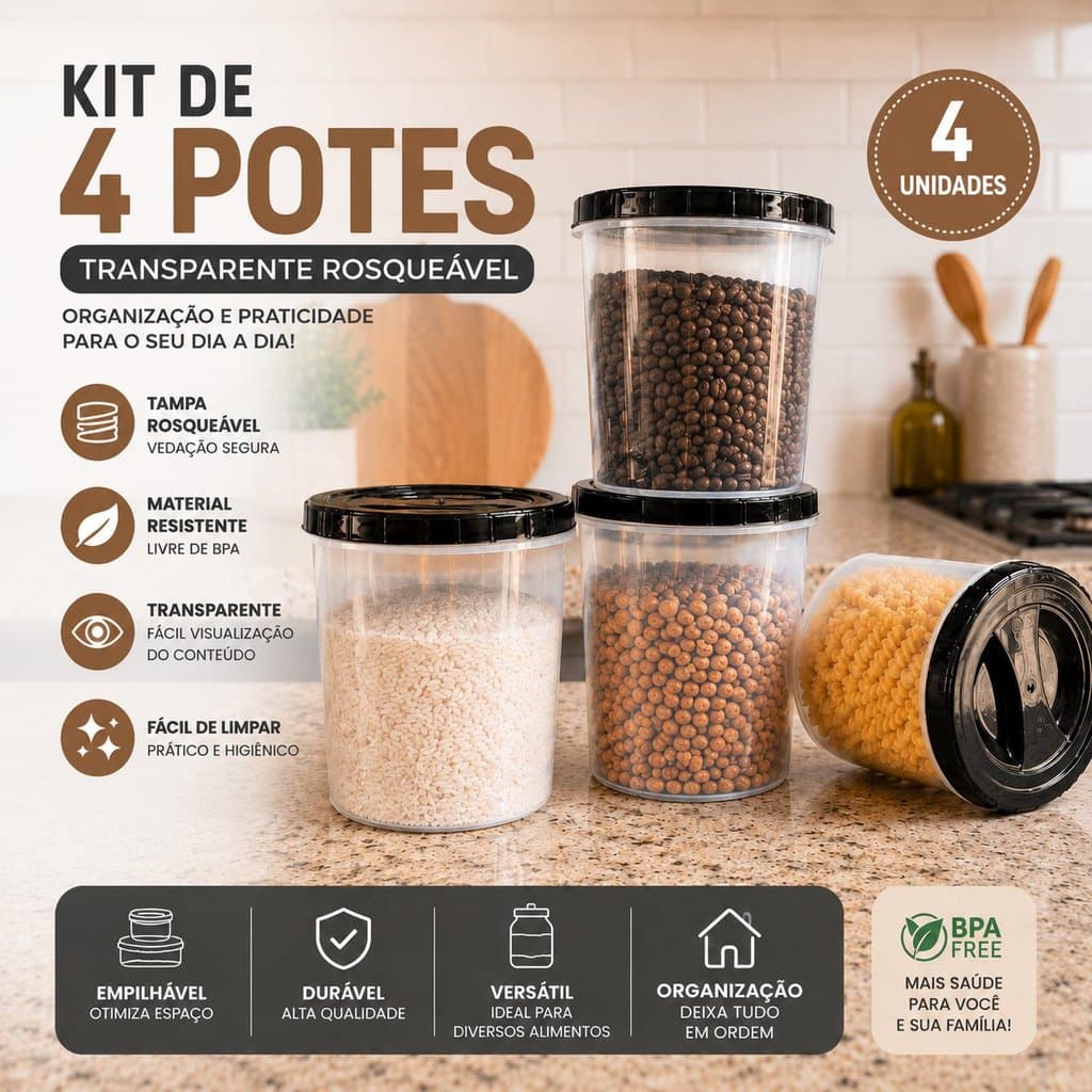 Jogo 4 Potes Redondo 2,2 Litro Transparente Tampa Rosca Pote Mantimento BPA FREE Cereais Biscoito
