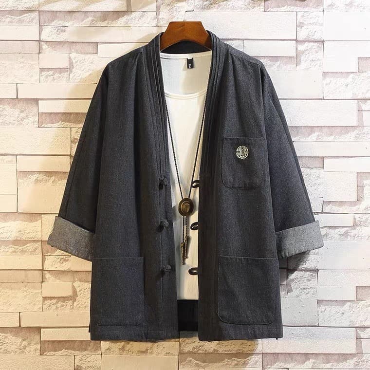 Estilo chinês Denim jaqueta masculina primavera estilo japonês quimono Robe antigo traje Hanfu manto tamanho grande Retr