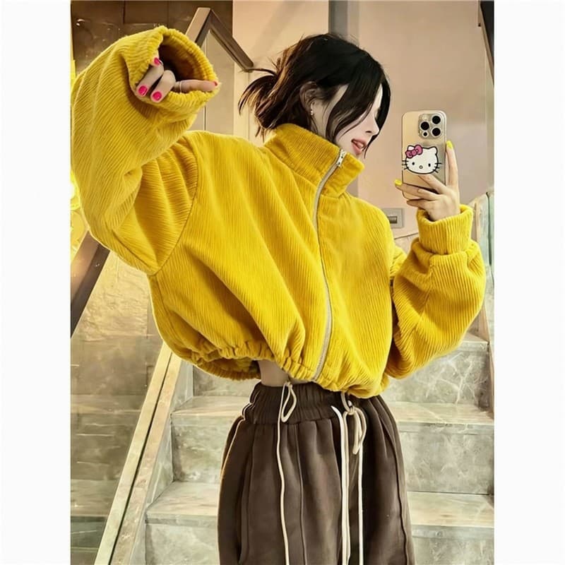 Amarelo veludo gola alta linda muito fada jaqueta feminina primavera outono High-End coreano Casual curto roupas superio
