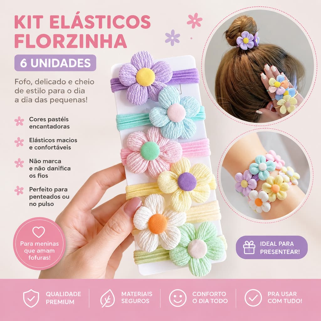 Kit Com 6 Elásticos de Cabelo Infantil Menina Florzinha Xuxinha Florzinha Colorida