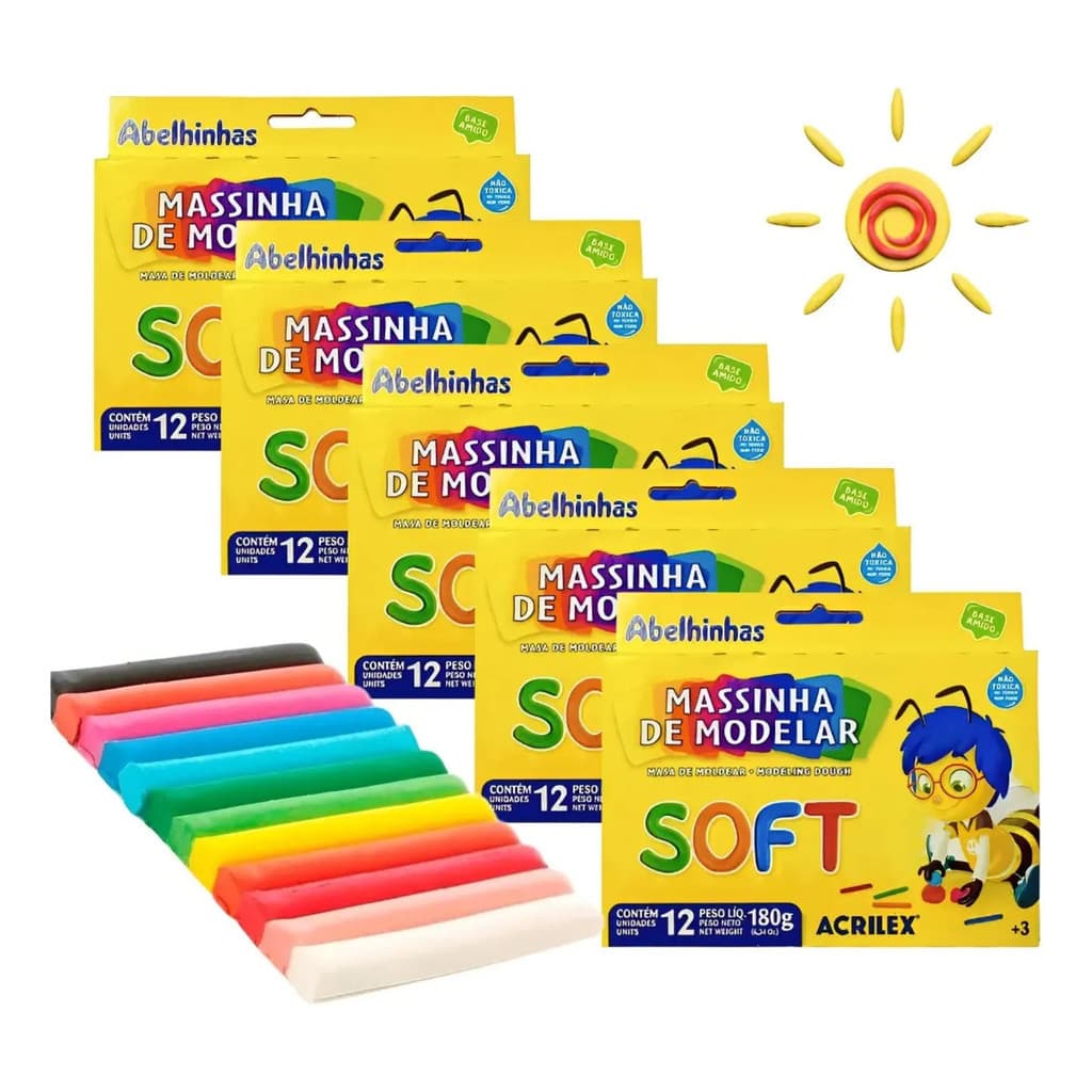 Kit Massinha De Modelar Acrilex 3 Ou 5 Caixas 12 Cores