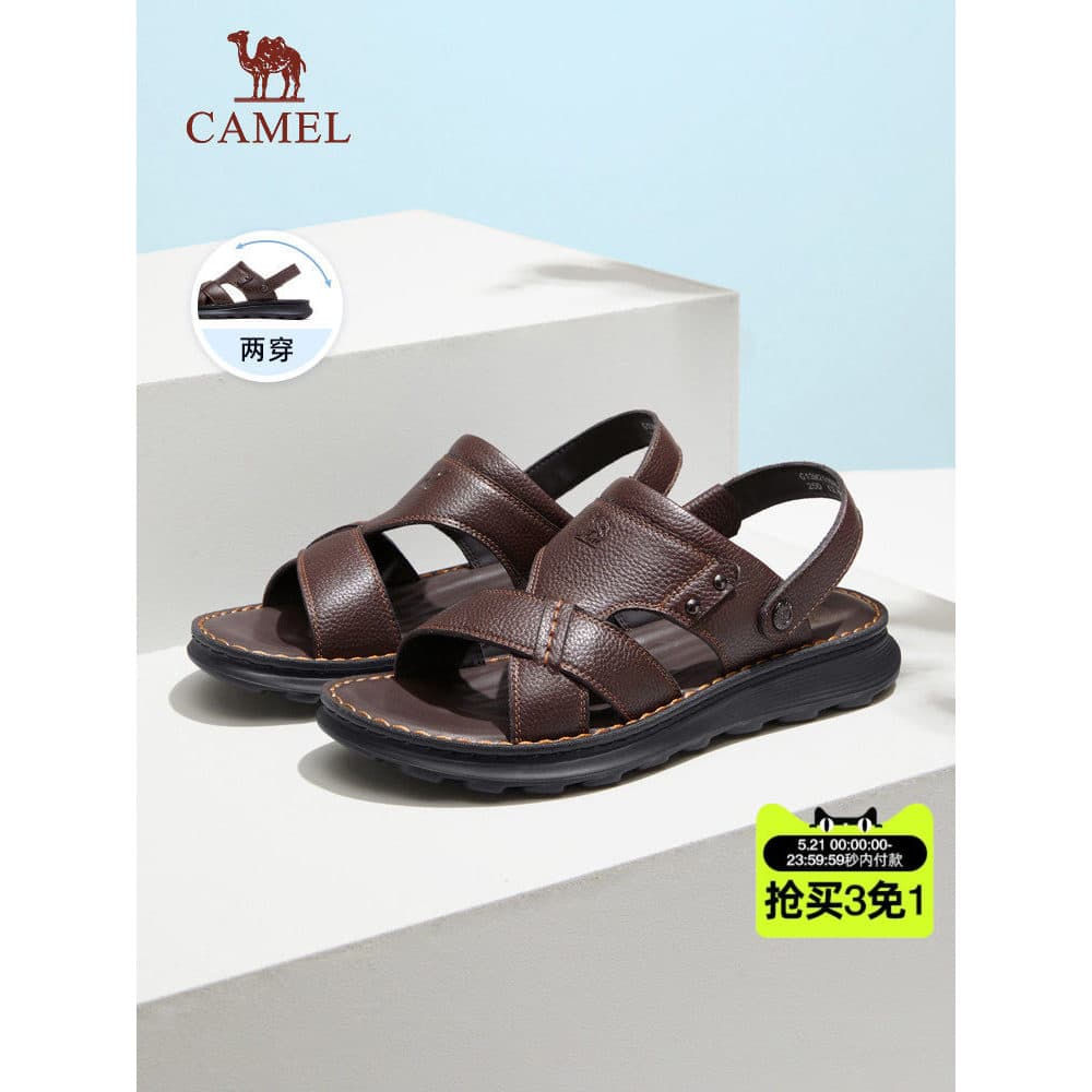 Camel Sandálias Masculinas Verão Respirável Pai Sandálias De Couro Genuíno Antiderrapante Sola Macia Confortável Antider