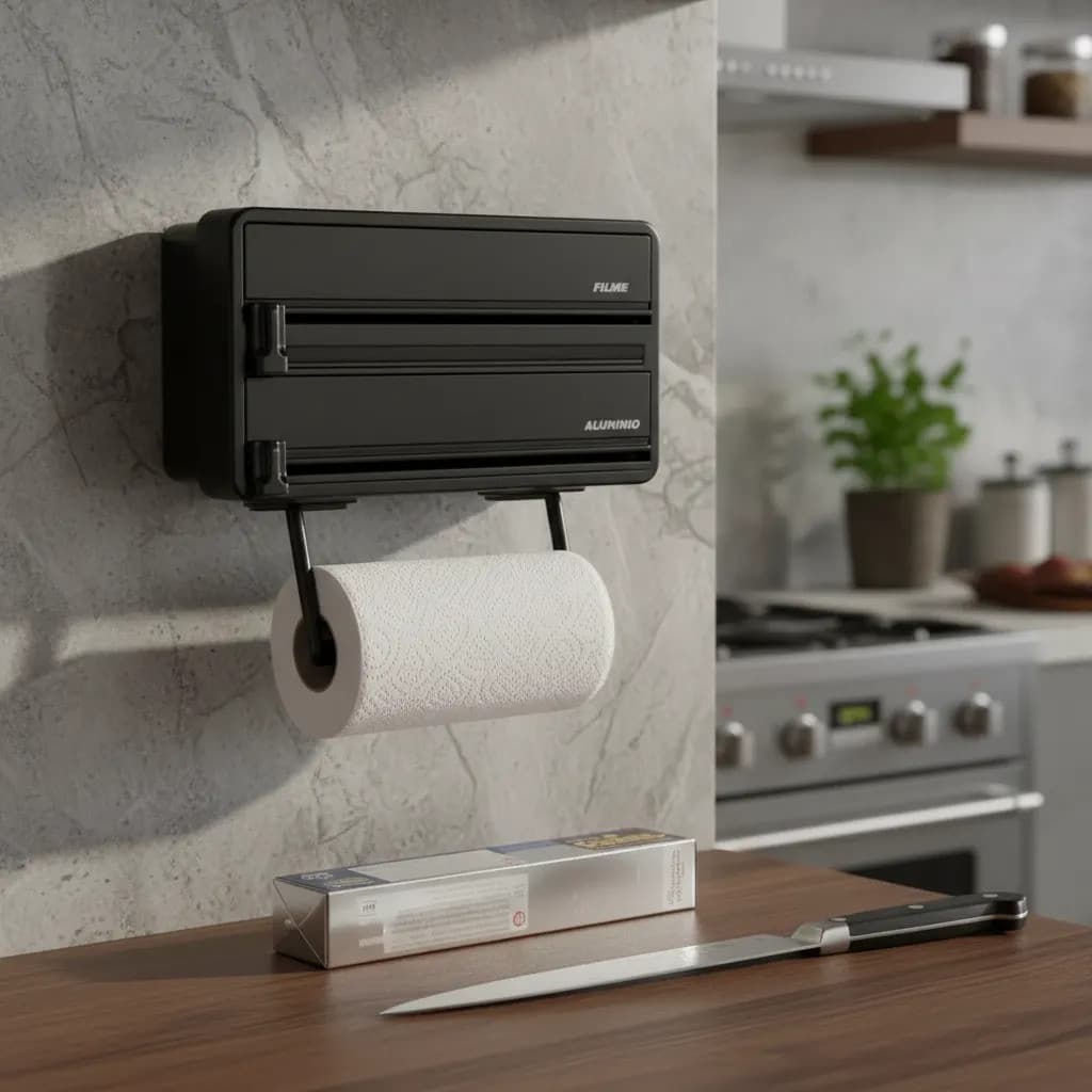 Suporte Preto Papel Toalha E Aluminio Filme Cozinha Nao Enrola