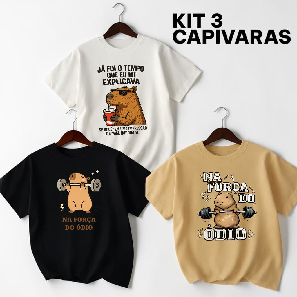 Camiseta Capivara Meme Kit 3 Camisas Engraçada Algodão Unissex Estampa Casual Feminina