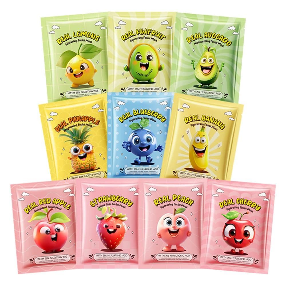 Conjunto de 10 Máscaras Faciais de Frutas, Máscara Facial para Cuidados com a Pele de Crianças, Hidrata, Ilumina e Acalm