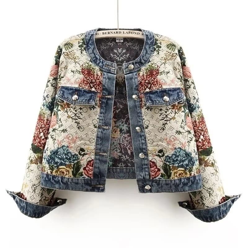 Jaqueta Recortada Vintage Jacquard Jeans De Manga Comprida Com Gola Redonda 202608A
