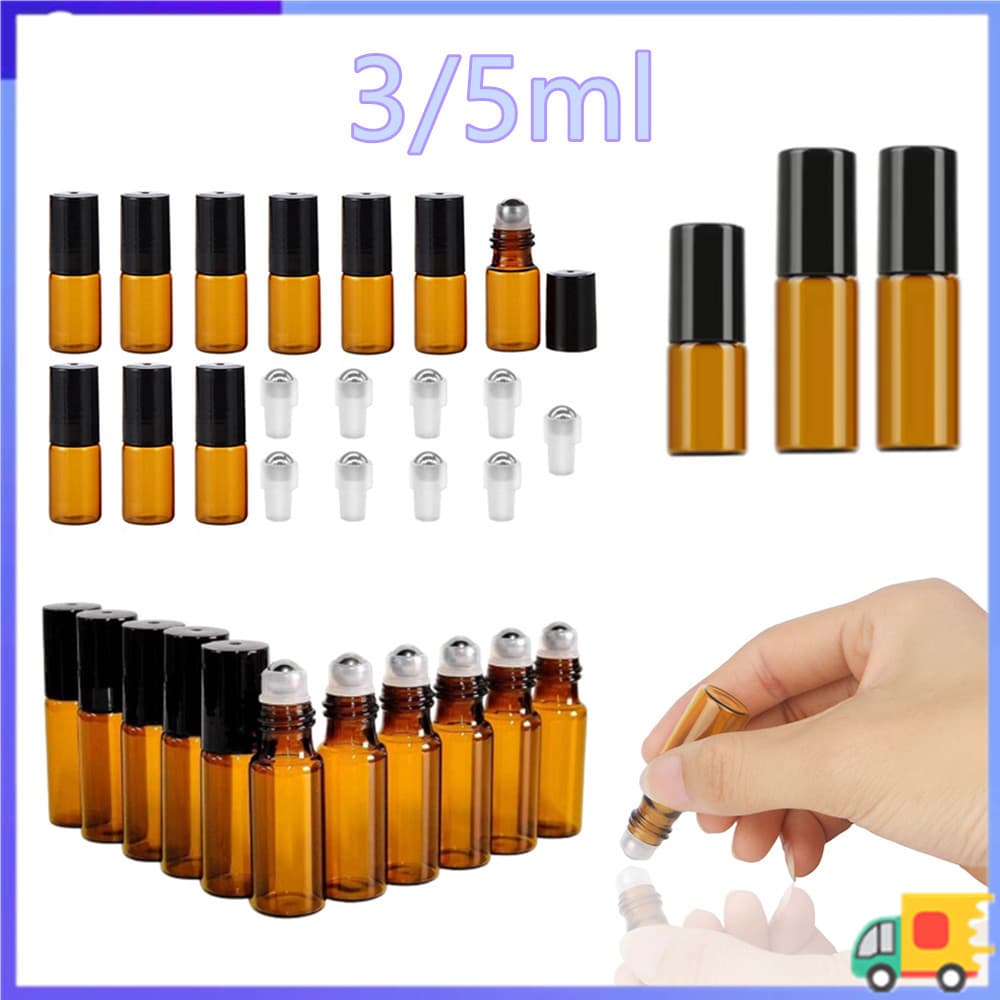 Garrafa de rolo de 3/5ml, garrafa vazia de vidro âmbar recarregável, pacote de 10-30 peças, garrafa de óleo essencial Ro
