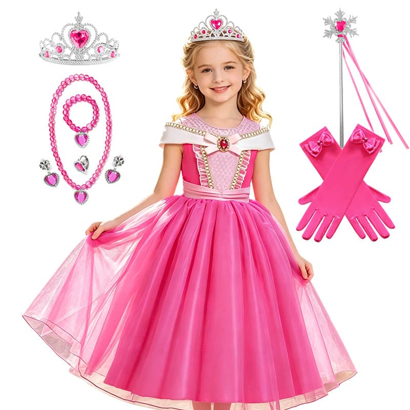 Aurora Traje Menina Vestido De Princesa Rosa Vestidos De Manga Curta Para Festa De Aniversário Crianças Halloween