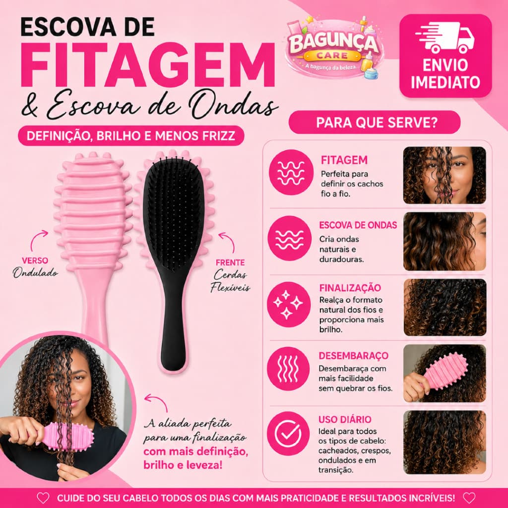 Escova Para Cabelo Cacheado Fitagem Efeito Dedoliss Modeladora e Definidora Raquete