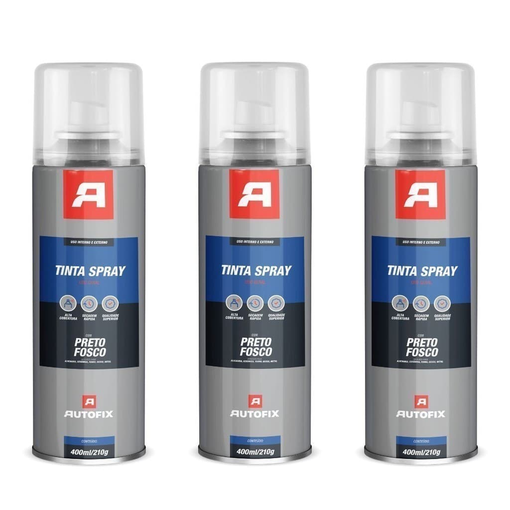 TOP Kit 3 Tintas Sprays Uso Geral 400ml - Autofix 400ml / 210g - Preto Fosco OK ok